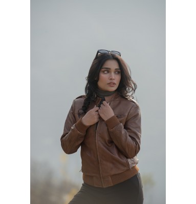 Breeze Cognac Brown Leather Bomber Jacket 