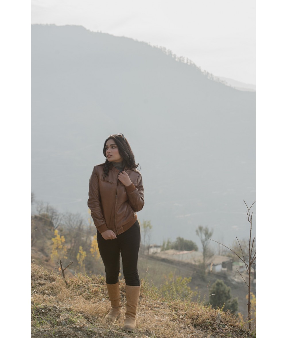 Breeze Cognac Brown Leather Bomber Jacket 