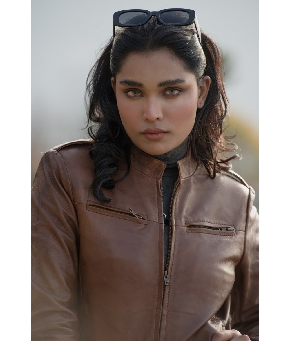 Breeze Cognac Brown Leather Bomber Jacket 