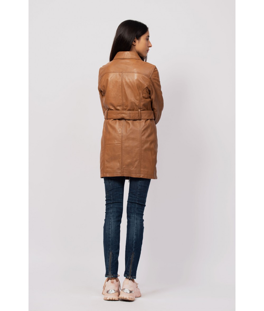 Women Brown Leather Trench Coat