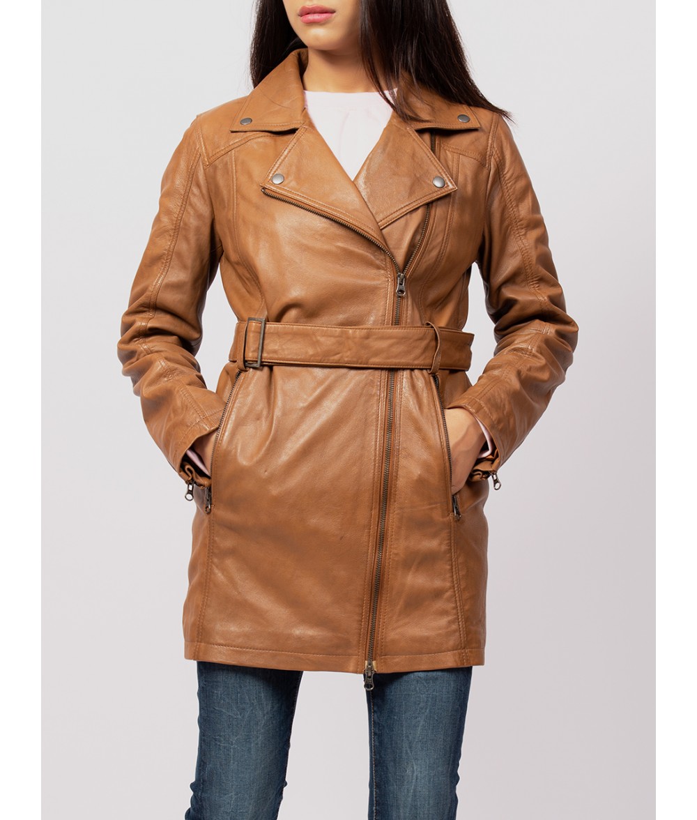 Women Brown Leather Trench Coat