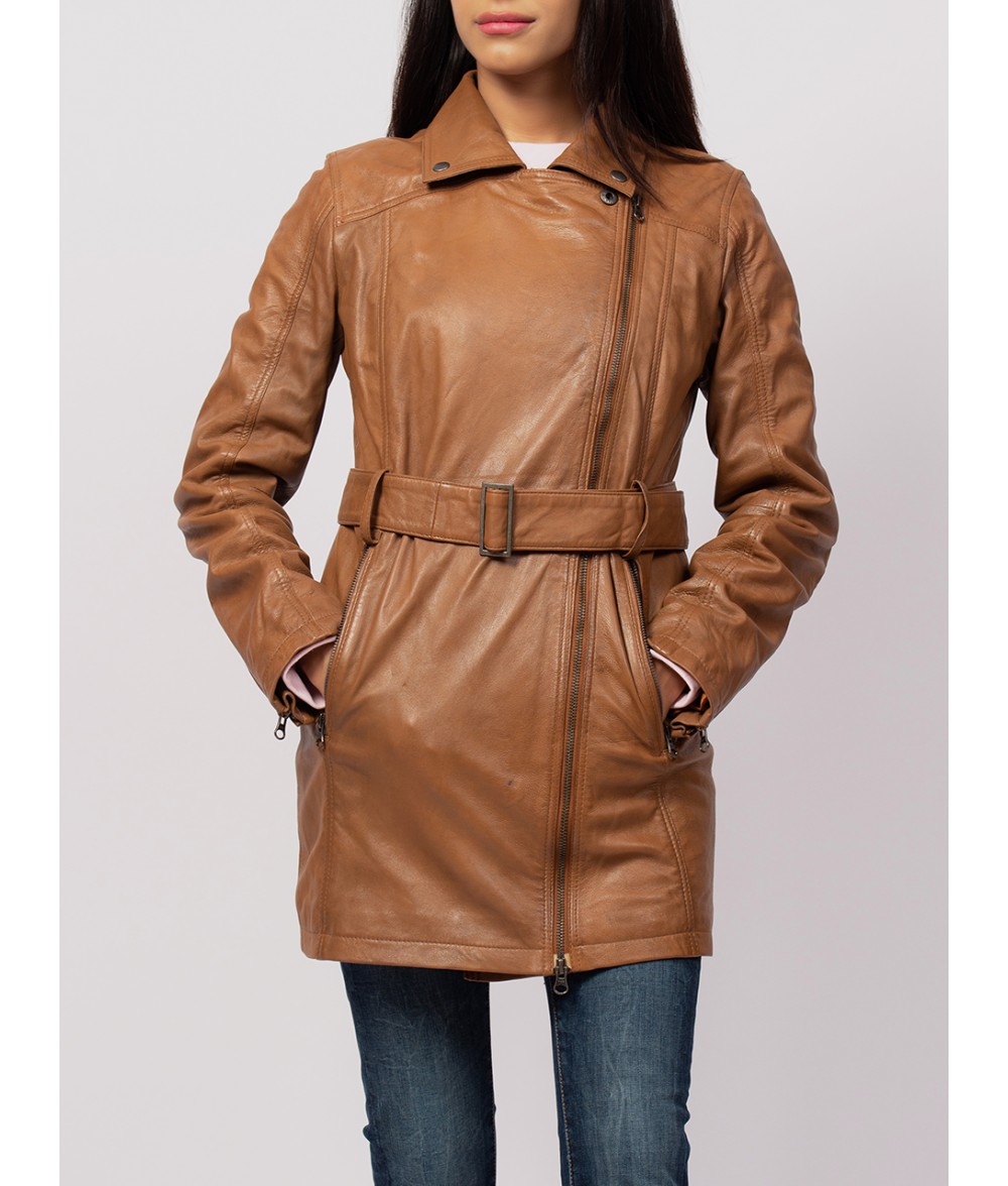 Women Brown Leather Trench Coat