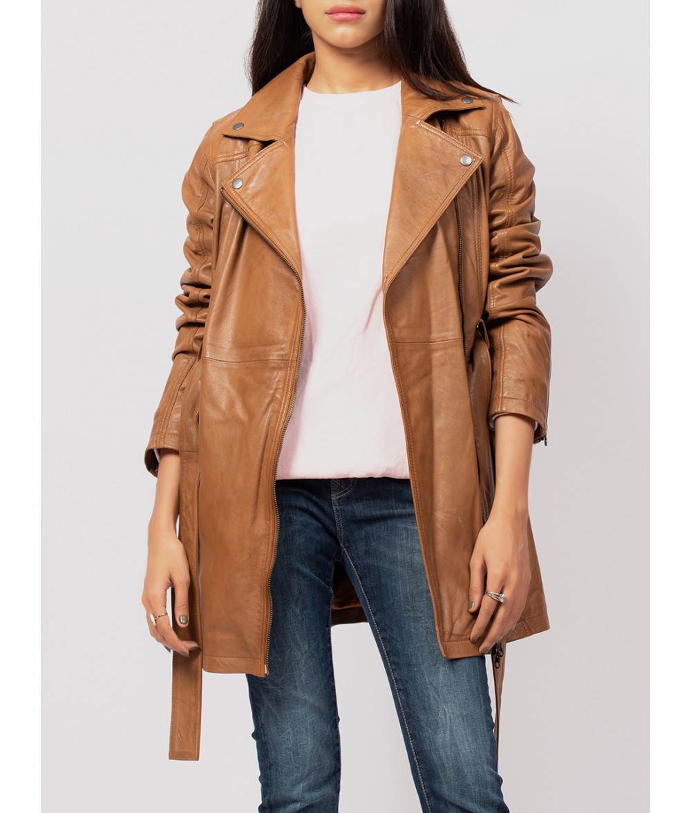 Women Brown Leather Trench Coat