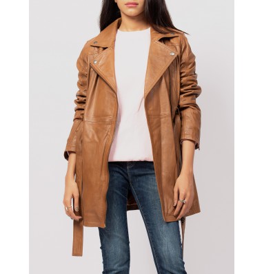 Women Brown Leather Trench Coat