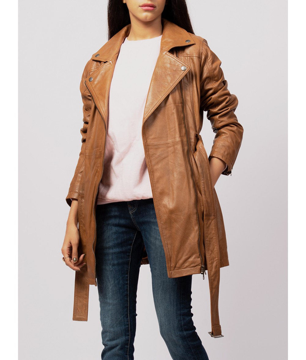 Women Brown Leather Trench Coat