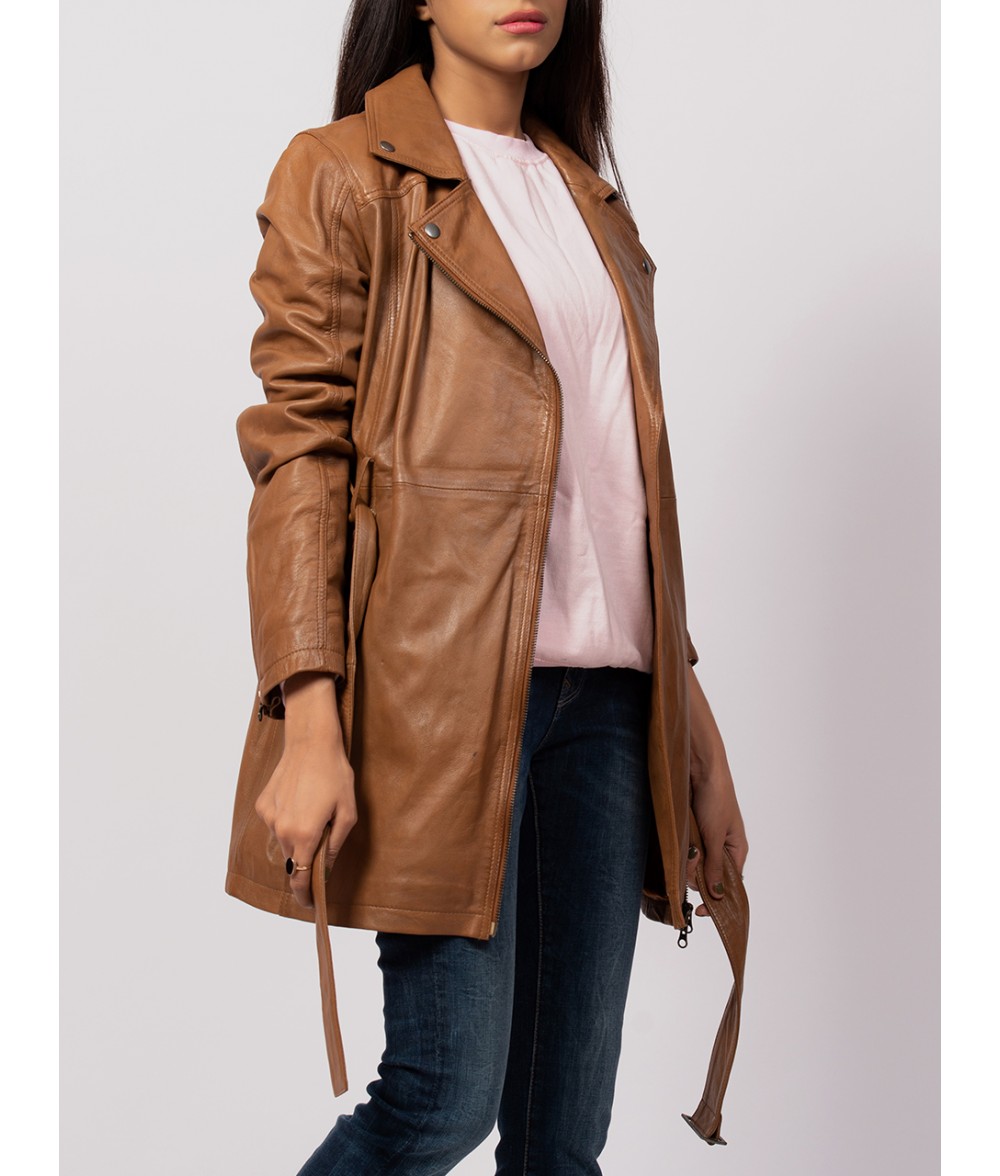 Women Brown Leather Trench Coat