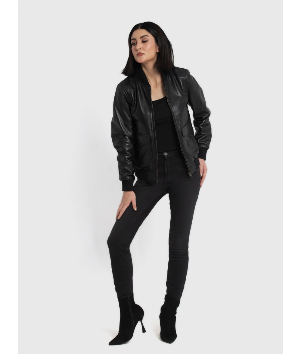 Chloe Black Leather Bomber Jacket For Women