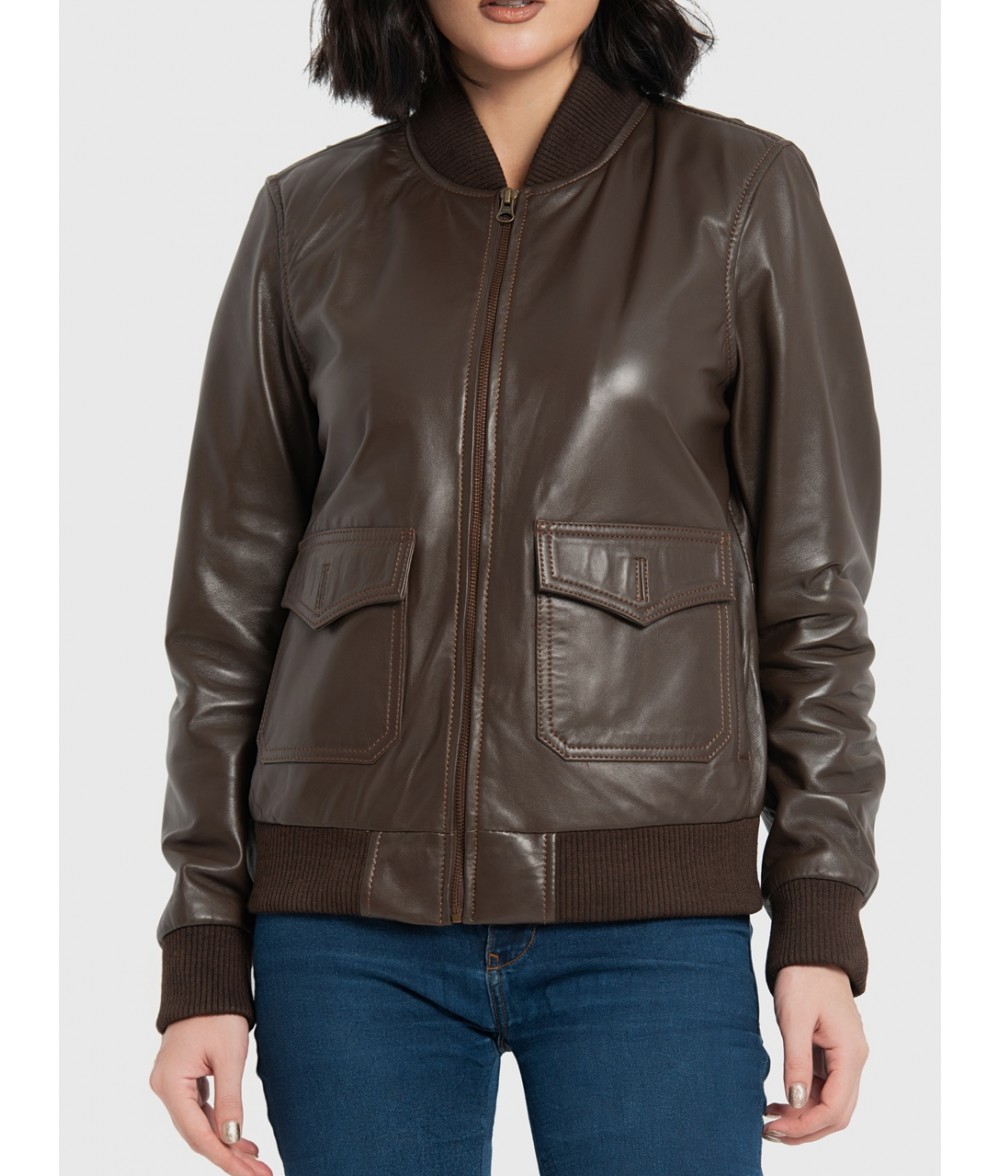 Chloe Brown Leather Bomber Jacket For Women