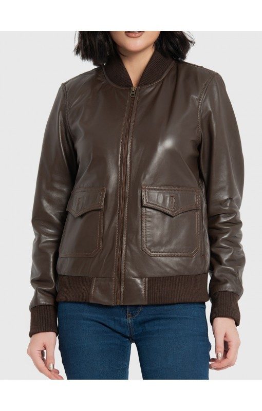 Chloe Brown Leather Bomber Jacket For Women