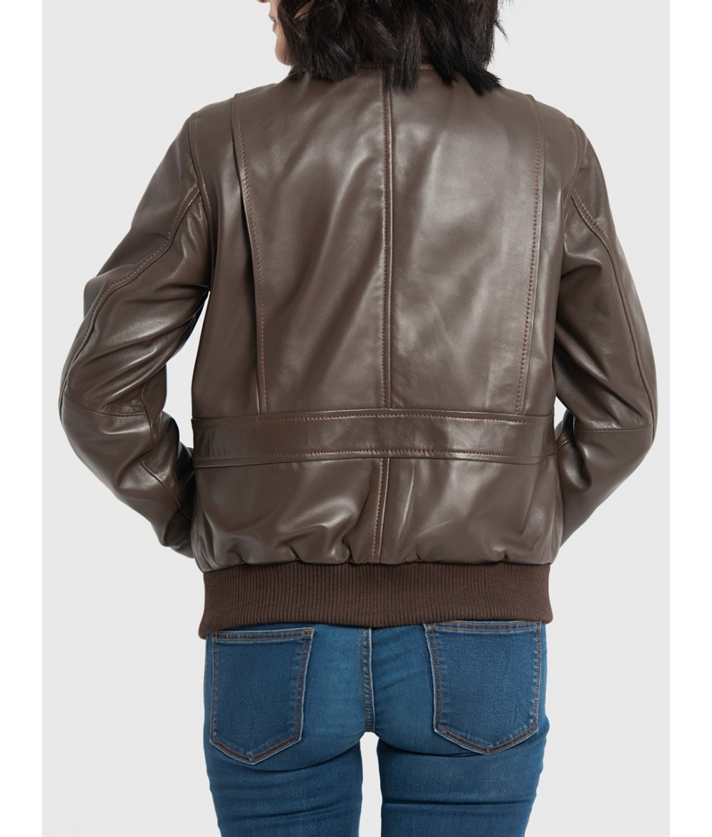 Chloe Brown Leather Bomber Jacket For Women