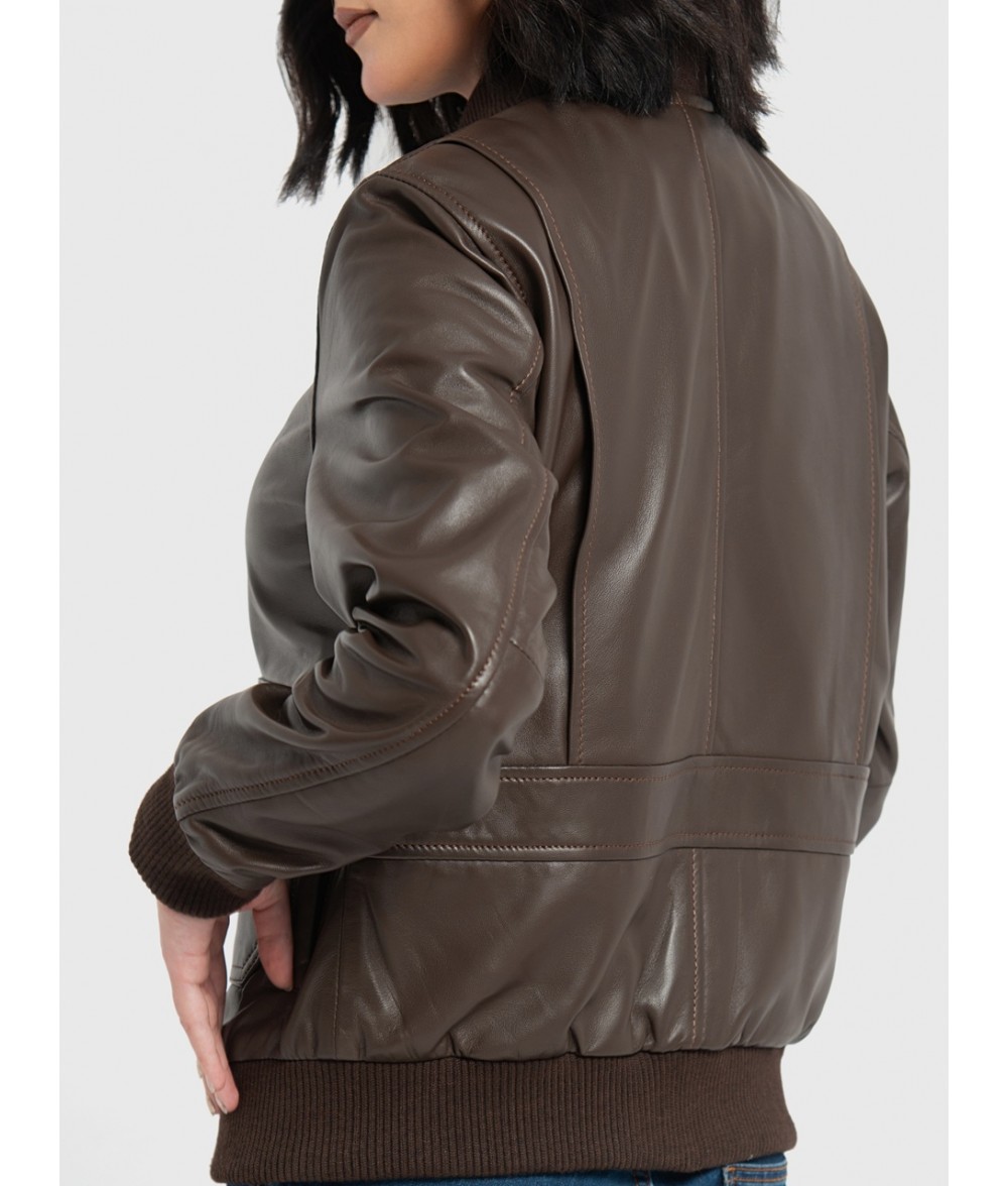Chloe Brown Leather Bomber Jacket For Women