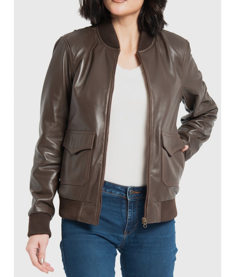 Chloe Brown Leather Bomber Jacket For Women