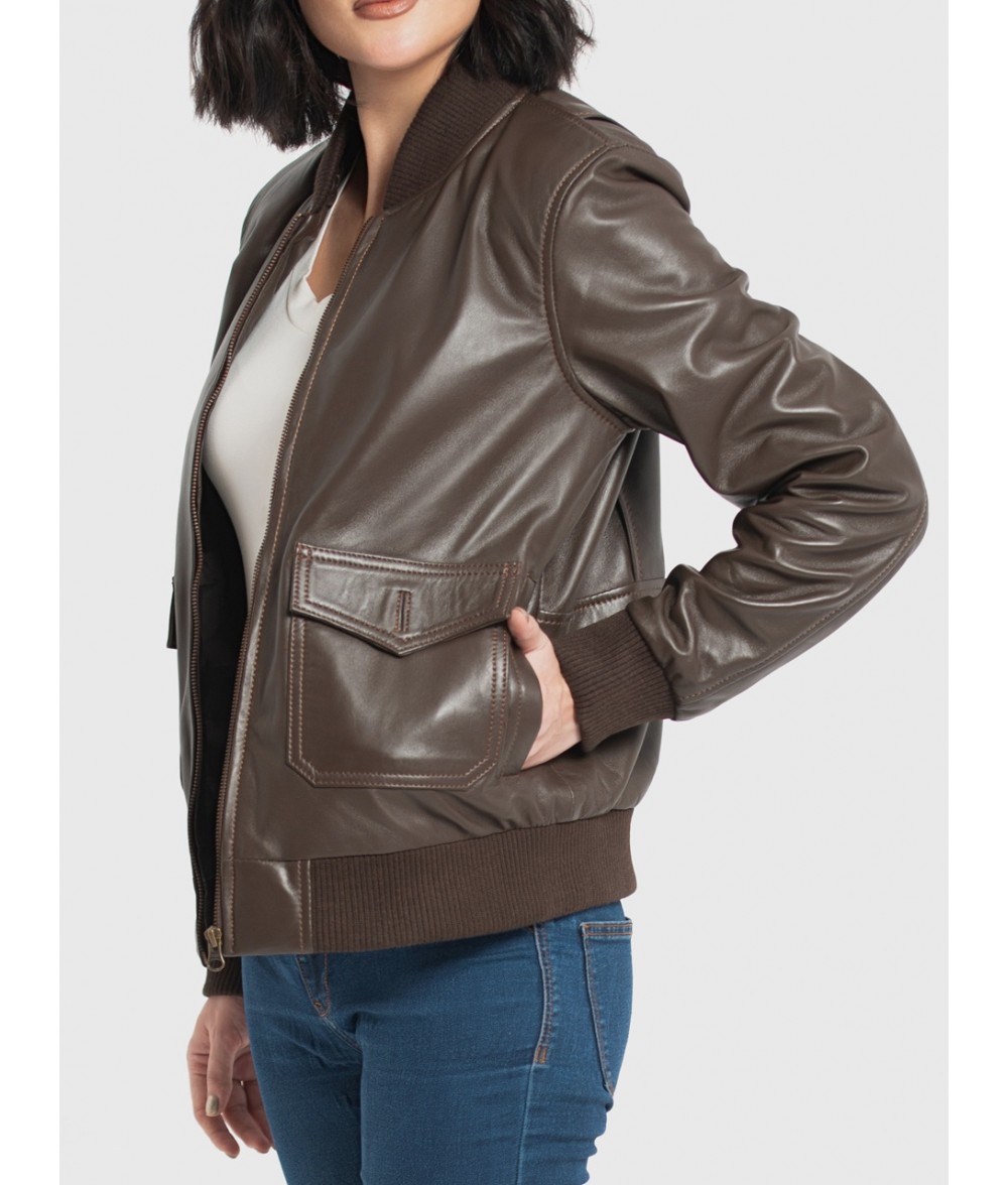 Chloe Brown Leather Bomber Jacket For Women