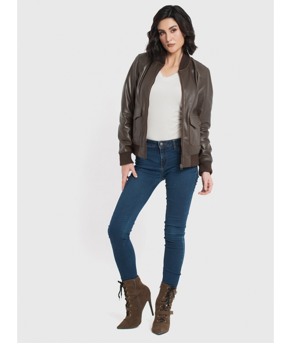 Chloe Brown Leather Bomber Jacket For Women