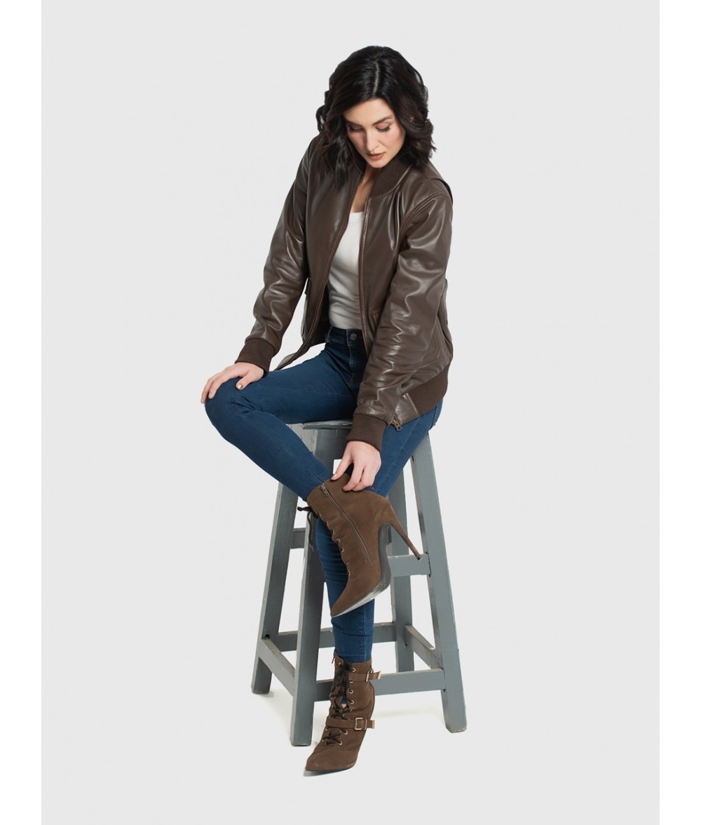 Chloe Brown Leather Bomber Jacket For Women