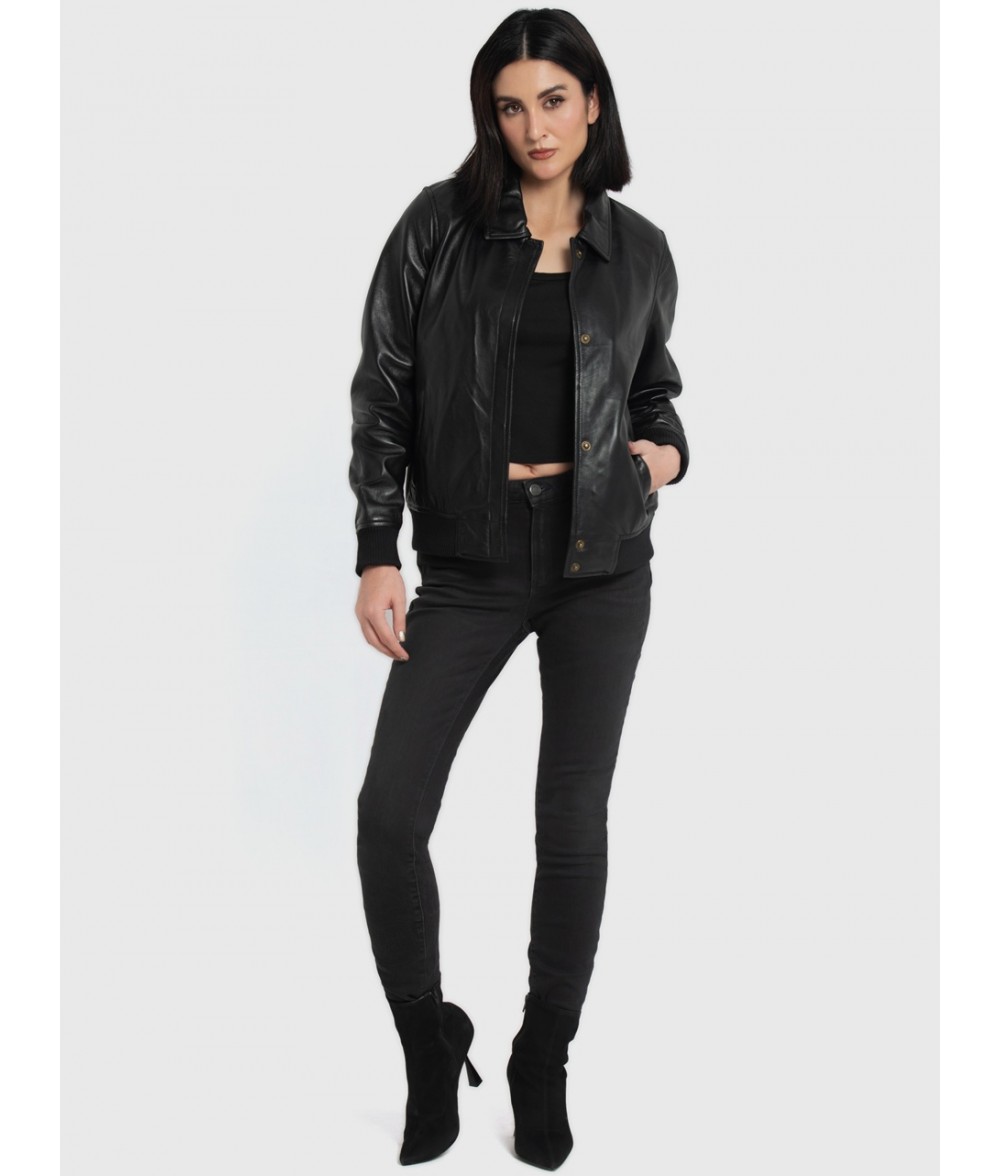 Clara Black Leather Bomber Jacket