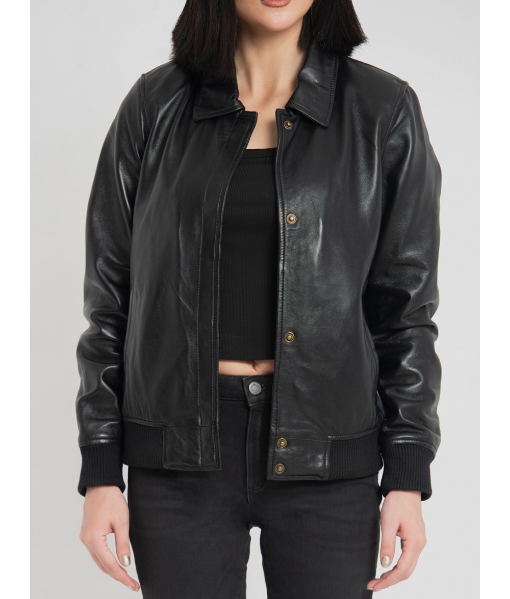 Clara Black Leather Bomber Jacket