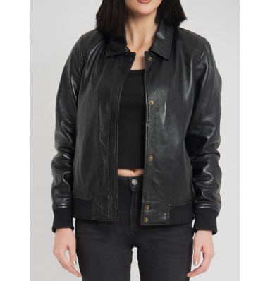 Clara Black Leather Bomber Jacket