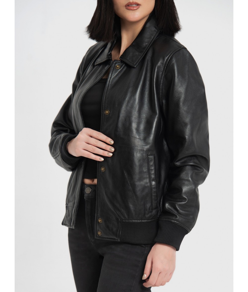 Clara Black Leather Bomber Jacket