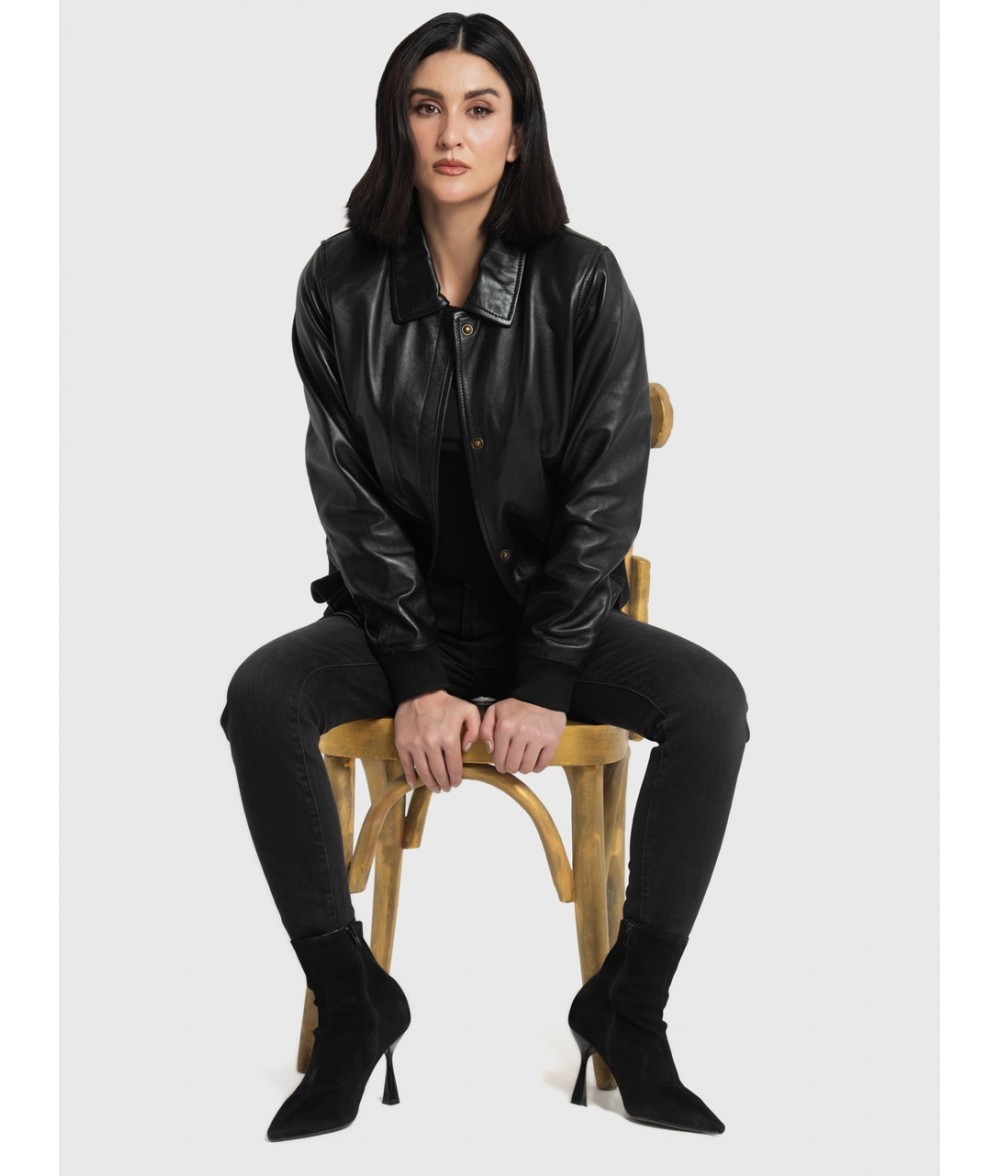 Clara Black Leather Bomber Jacket
