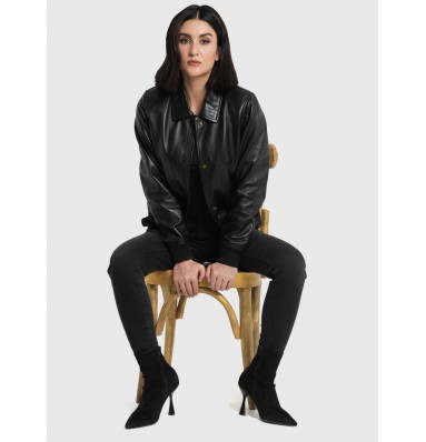 Clara Black Leather Bomber Jacket