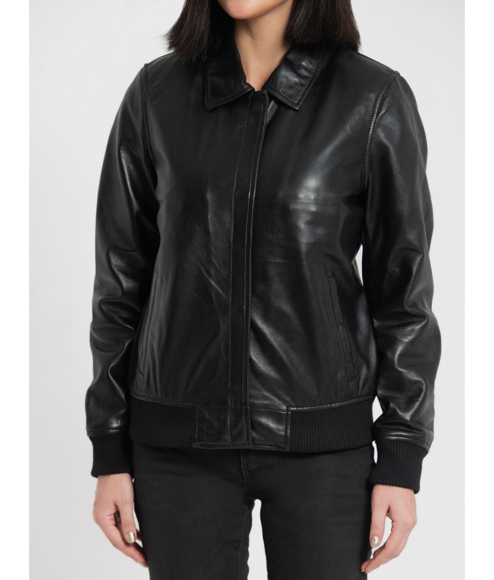 Clara Black Leather Bomber Jacket