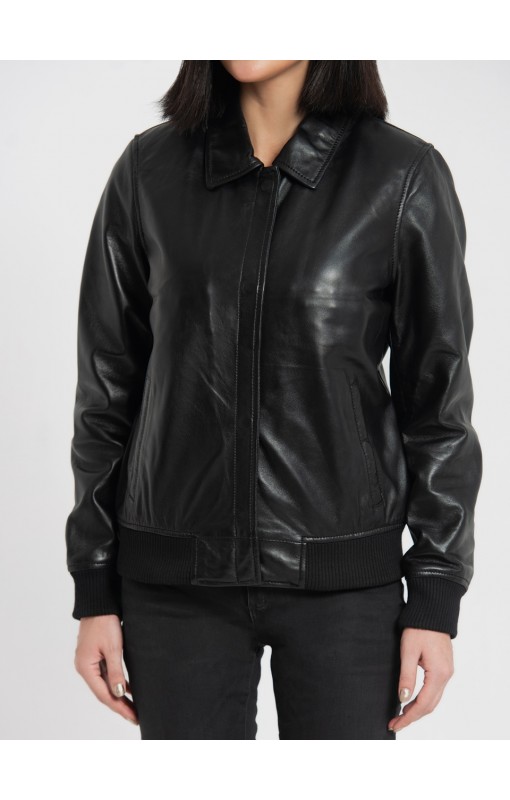 Clara Black Leather Bomber Jacket