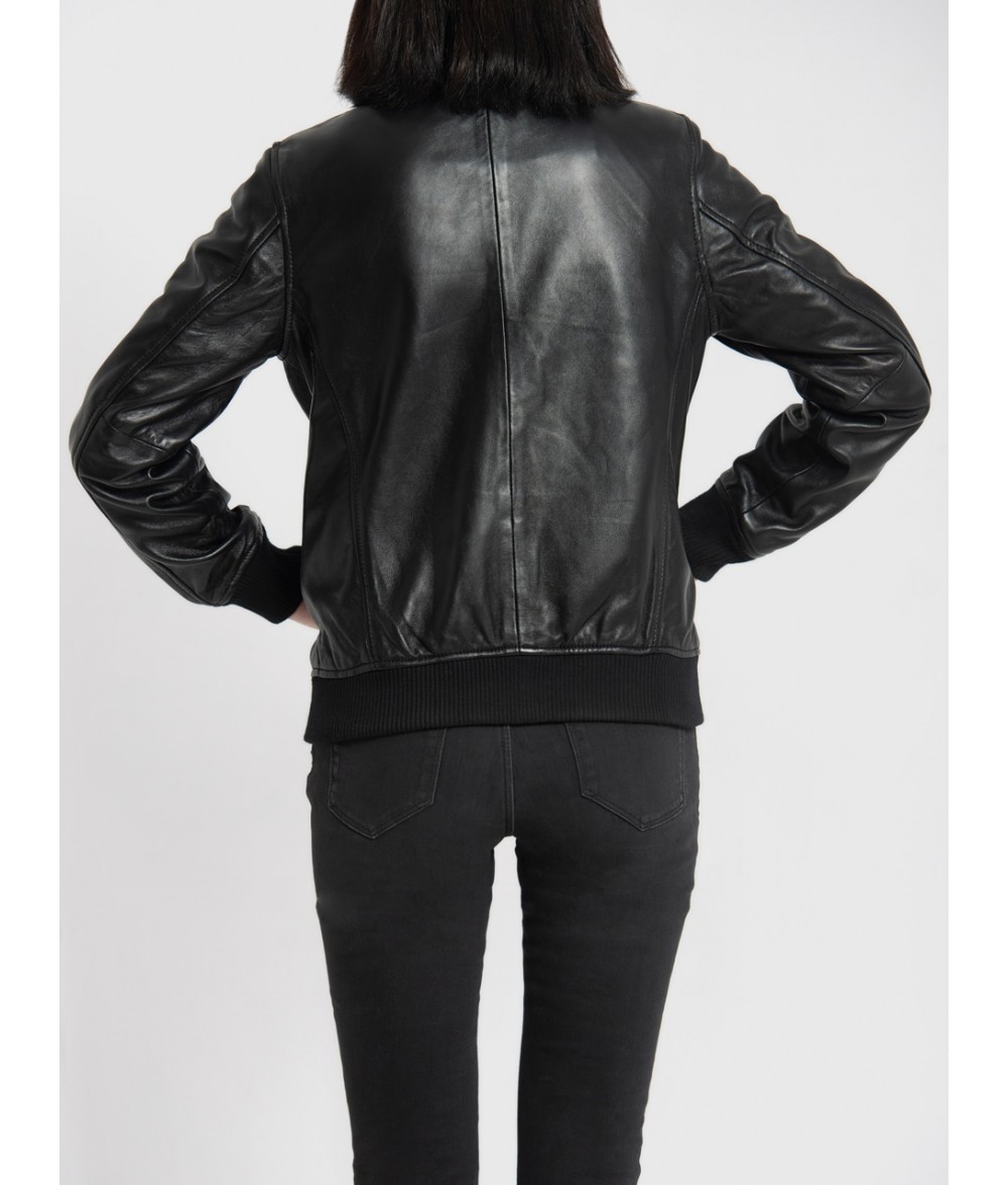 Clara Black Leather Bomber Jacket