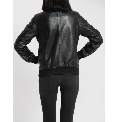 Clara Black Leather Bomber Jacket