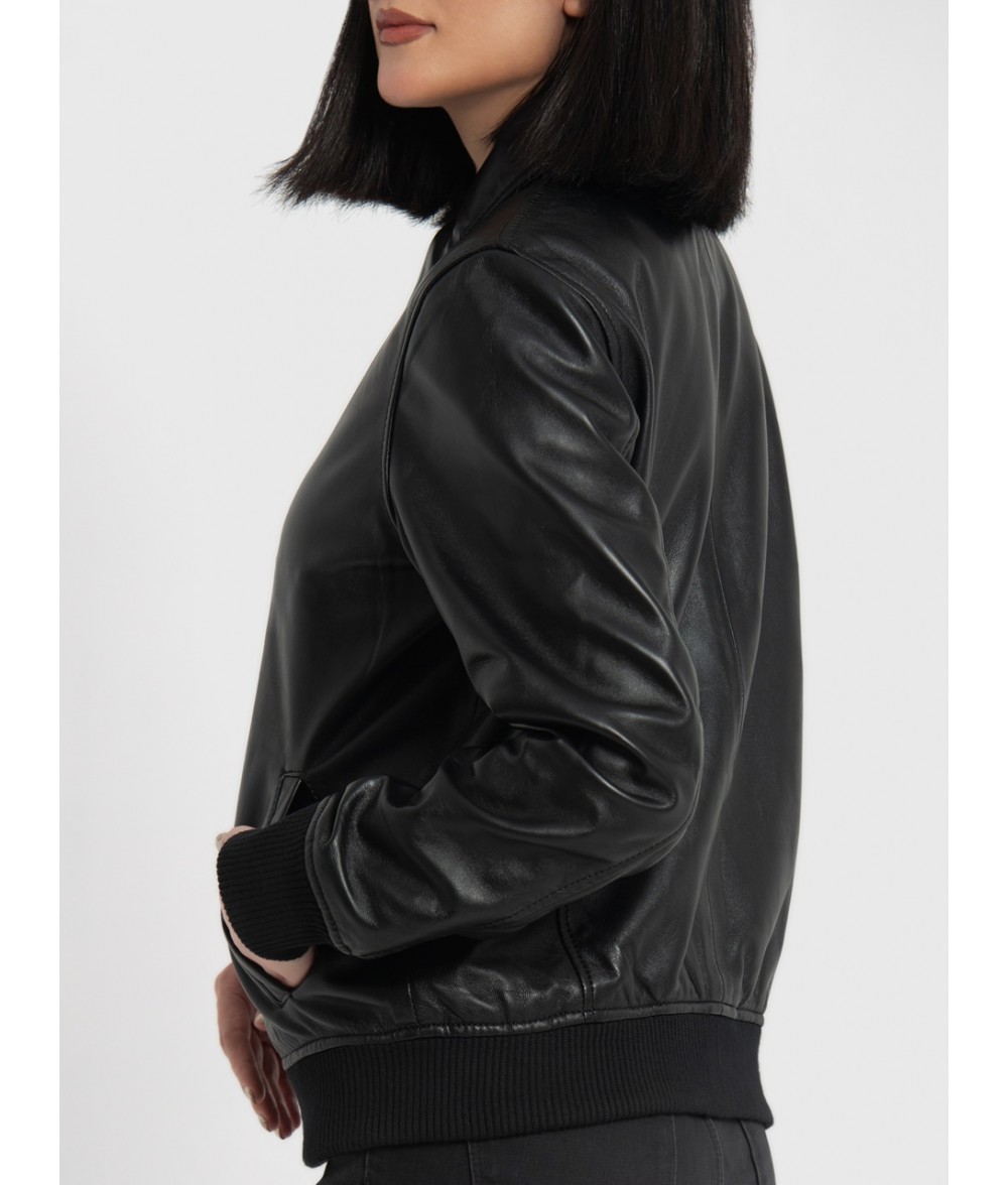 Clara Black Leather Bomber Jacket