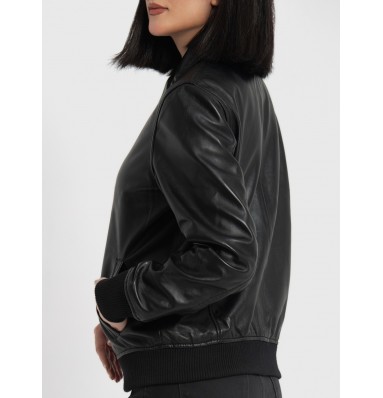 Clara Black Leather Bomber Jacket