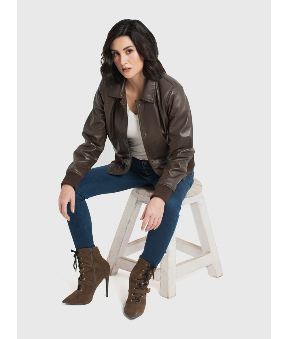 Clara Brown Leather Bomber Jacket