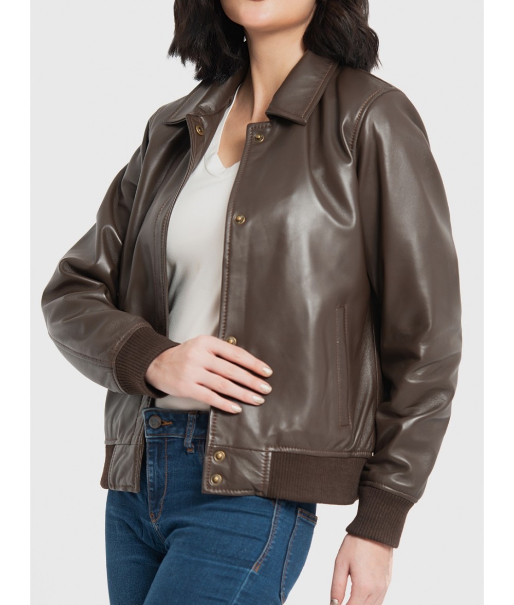 Clara Brown Leather Bomber Jacket