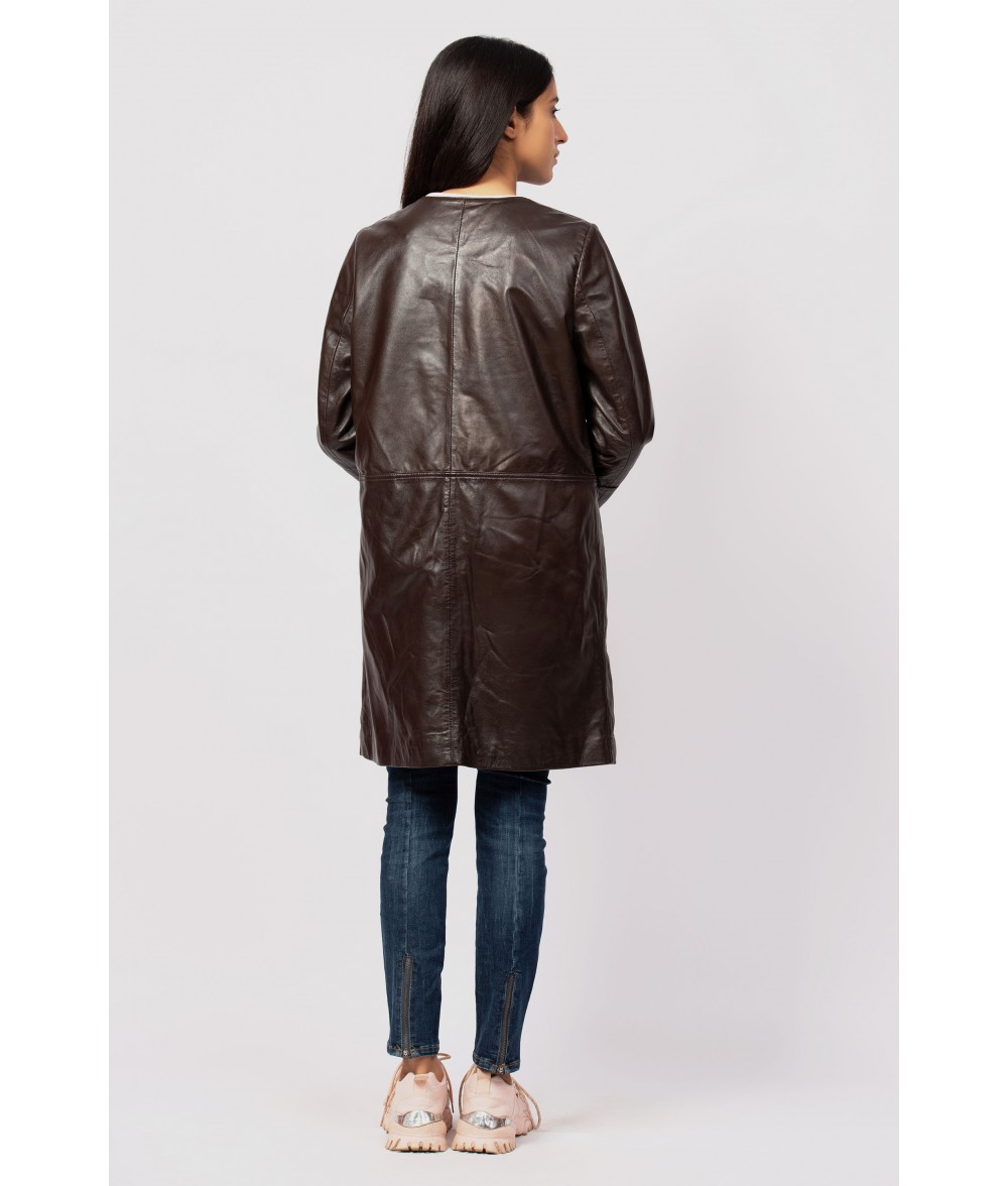 Women Brown Leather Collar Less Coat
