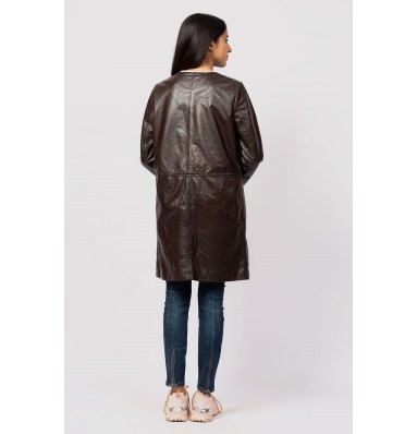 Women Brown Leather Collar Less Coat