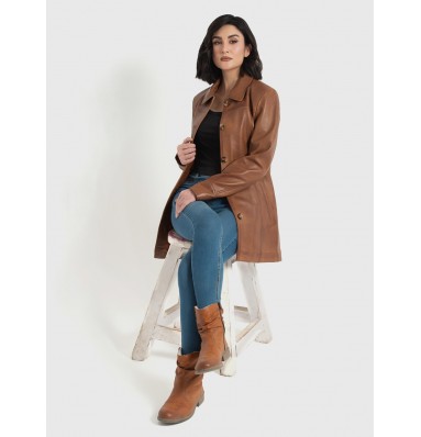 Marilyn Cognac Brown Leather Trench Coat