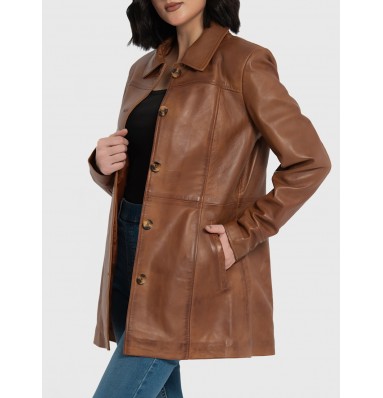 Marilyn Cognac Brown Leather Trench Coat