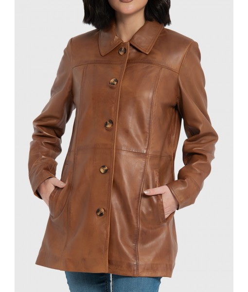 Marilyn Cognac Brown Leather Trench Coat
