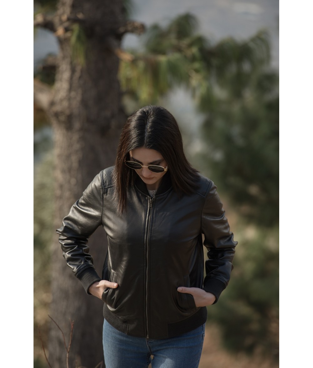 Reese Black Leather Bomber Jacket