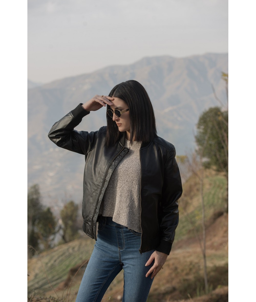 Reese Black Leather Bomber Jacket