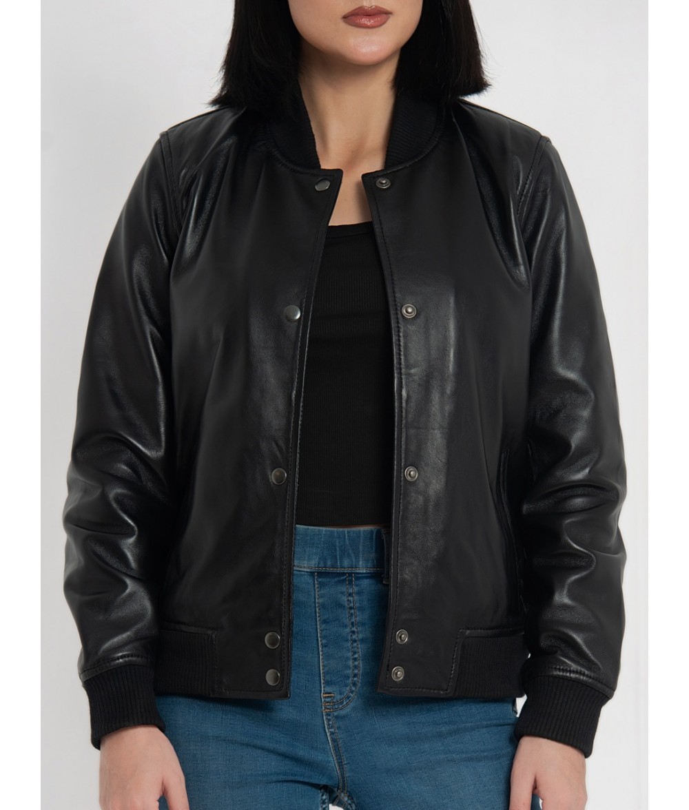 Trisha Black Leather Bomber Jacket
