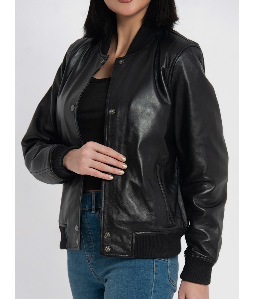 Trisha Black Leather Bomber Jacket