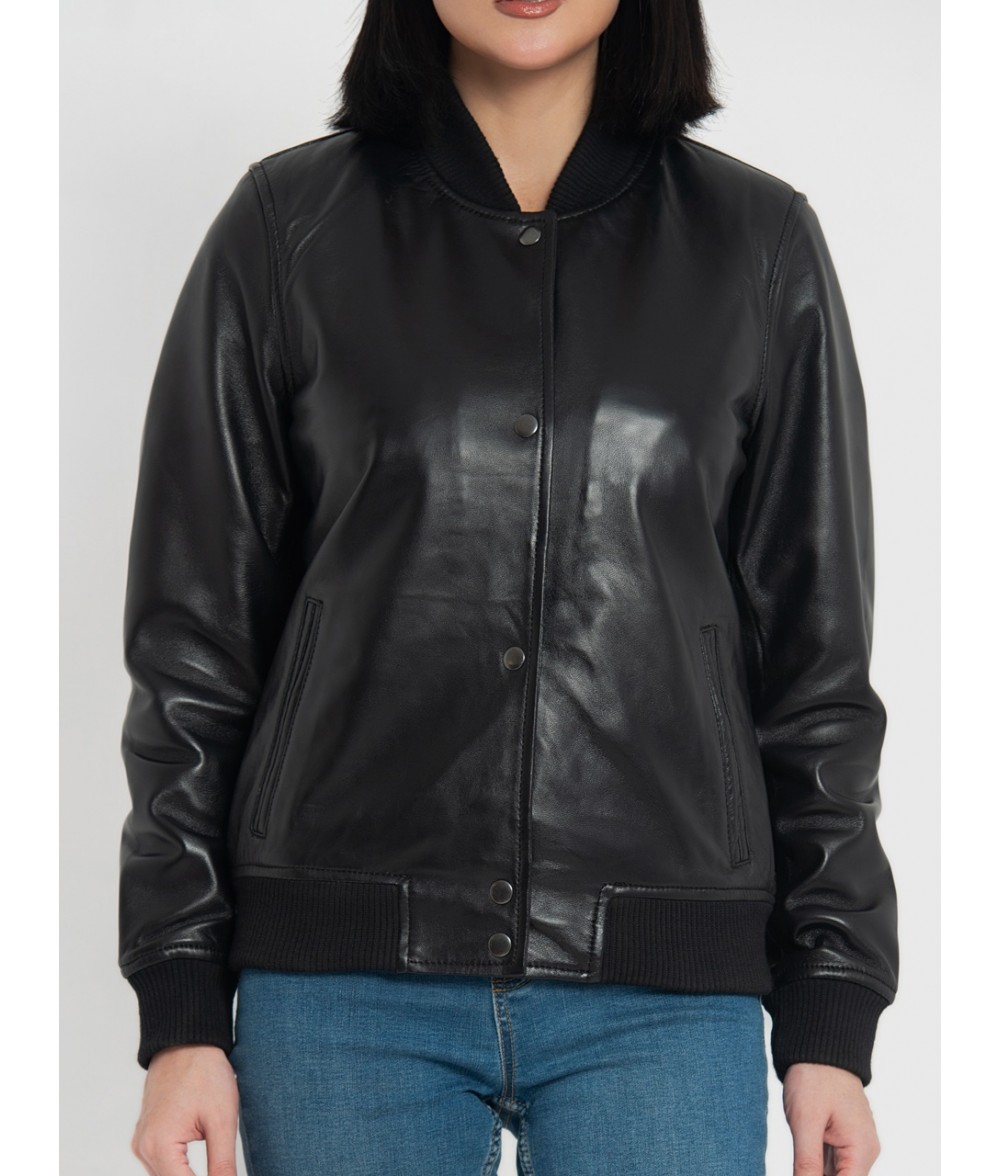 Trisha Black Leather Bomber Jacket