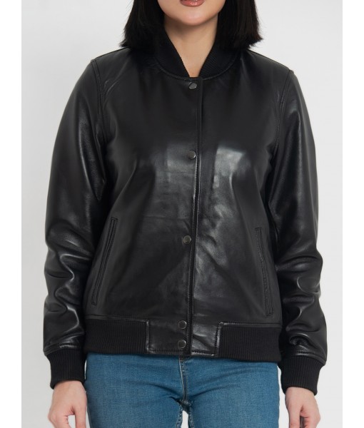 Trisha Black Leather Bomber Jacket
