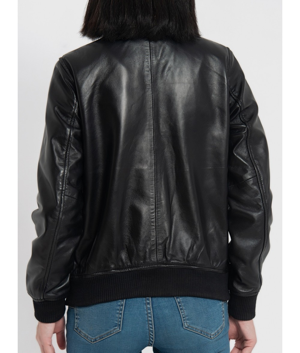 Trisha Black Leather Bomber Jacket