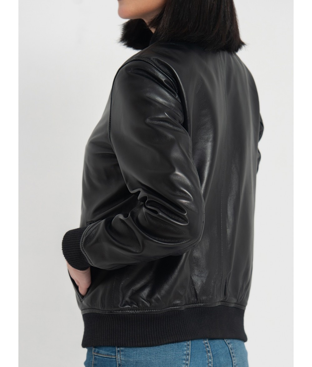 Trisha Black Leather Bomber Jacket