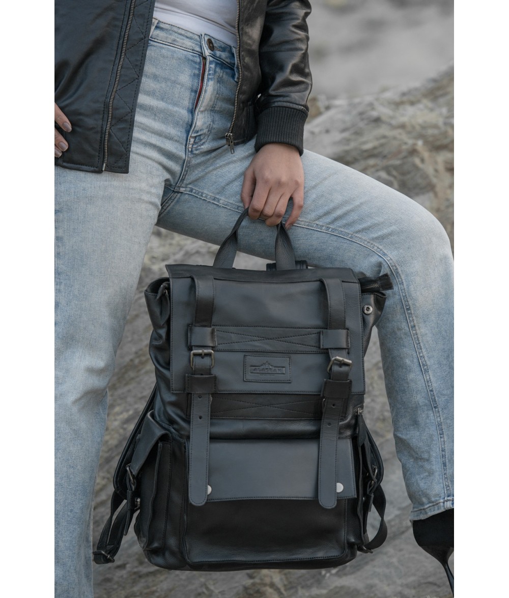 Connor Black Leather Laptop Backpack