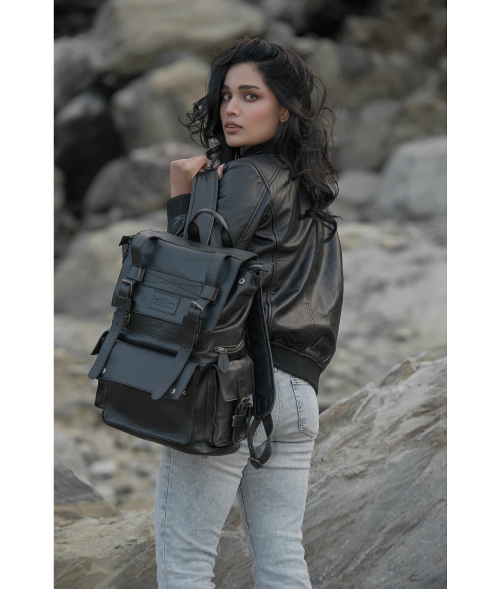 Connor Black Leather Laptop Backpack