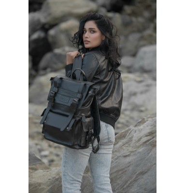 Connor Black Leather Laptop Backpack