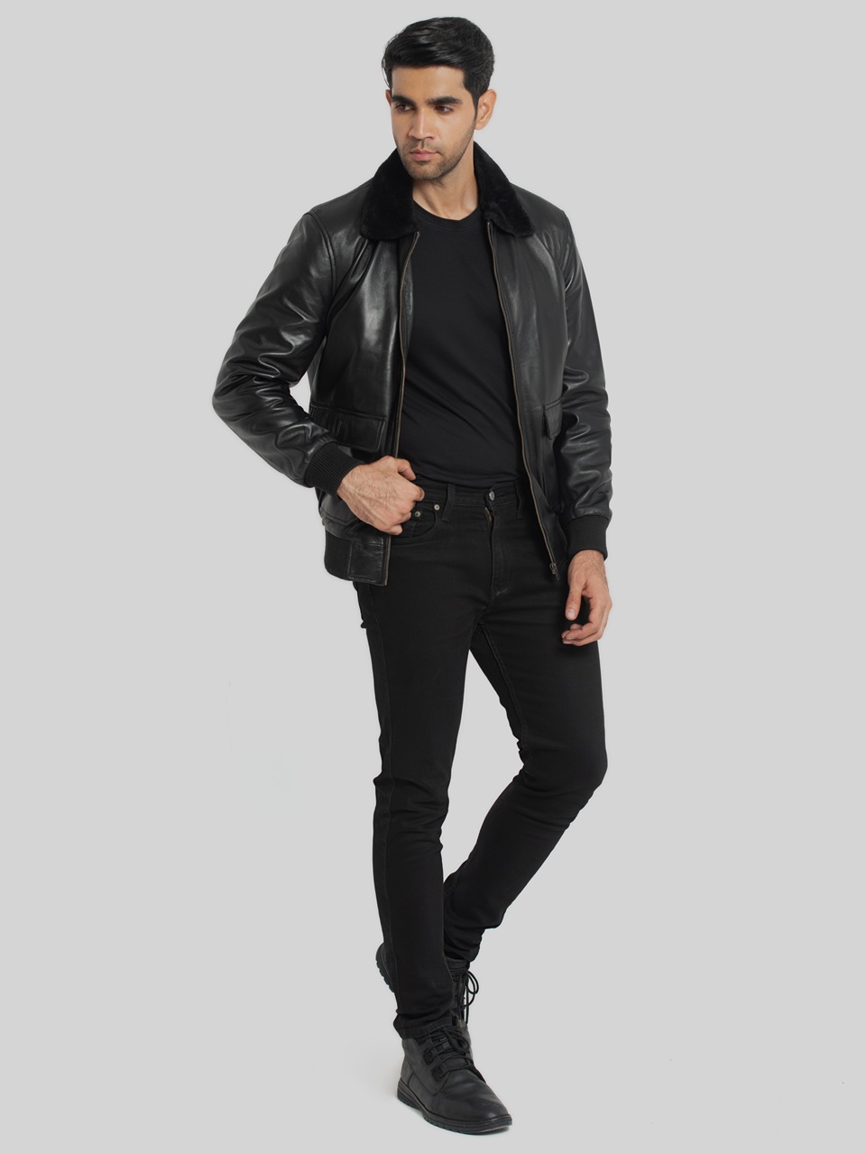 Douglas Black Leather Bomber Jacket